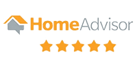 A gray house icon with the text HomeAdvisor in orange and 5 stars below it.