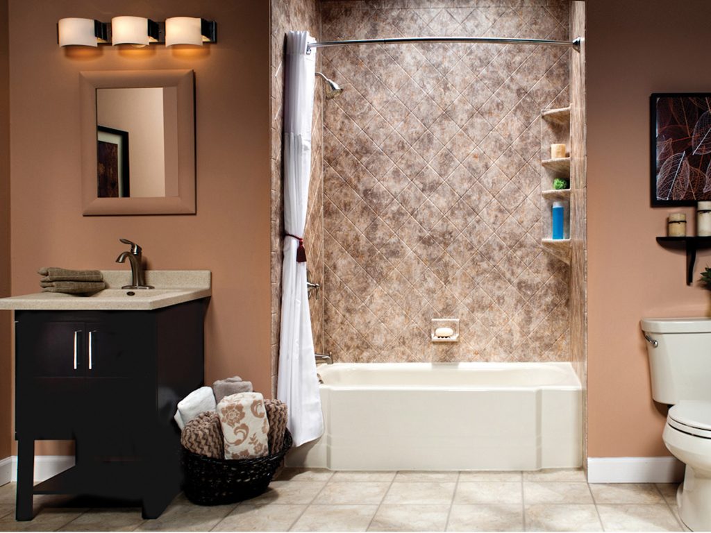 Bathroom with brown walls and white shower and bathtub.