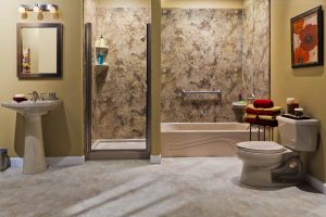 A bathroom with a toilet, sink, bathtub, and shower in DFW by Affordable 1 Day Baths
