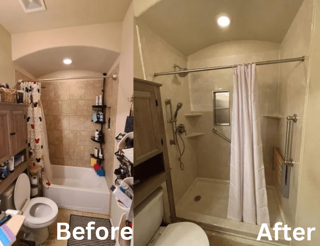 Before and after bathroom renovation.