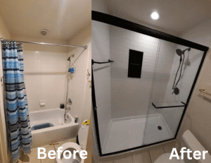 Before and after bathroom renovation tub-to-shower conversion Texas Affordable 1 Day Baths