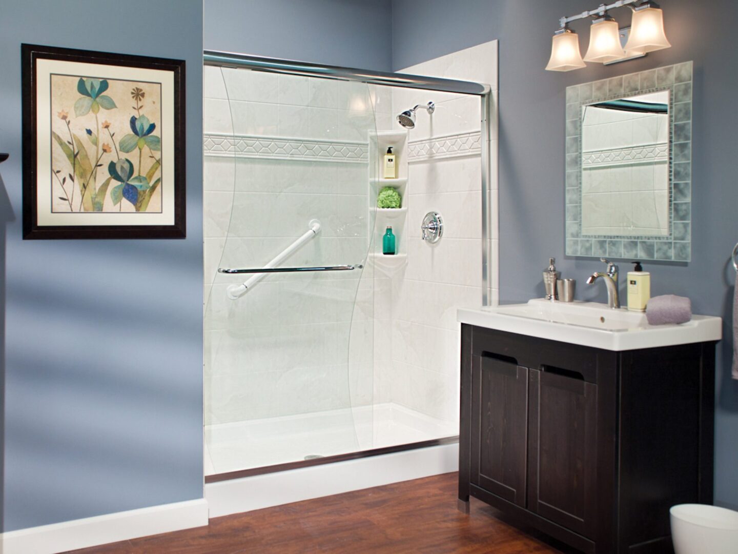 Modern bathroom with frameless glass shower enclosure.