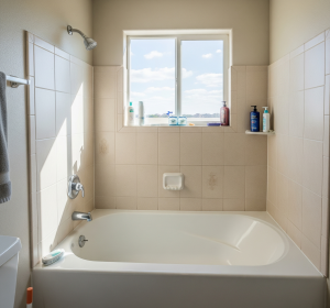A clean white bathtub liner installed in a DFW, Texas home, with light-colored tiled walls and a window above by Affordable 1 Day Baths