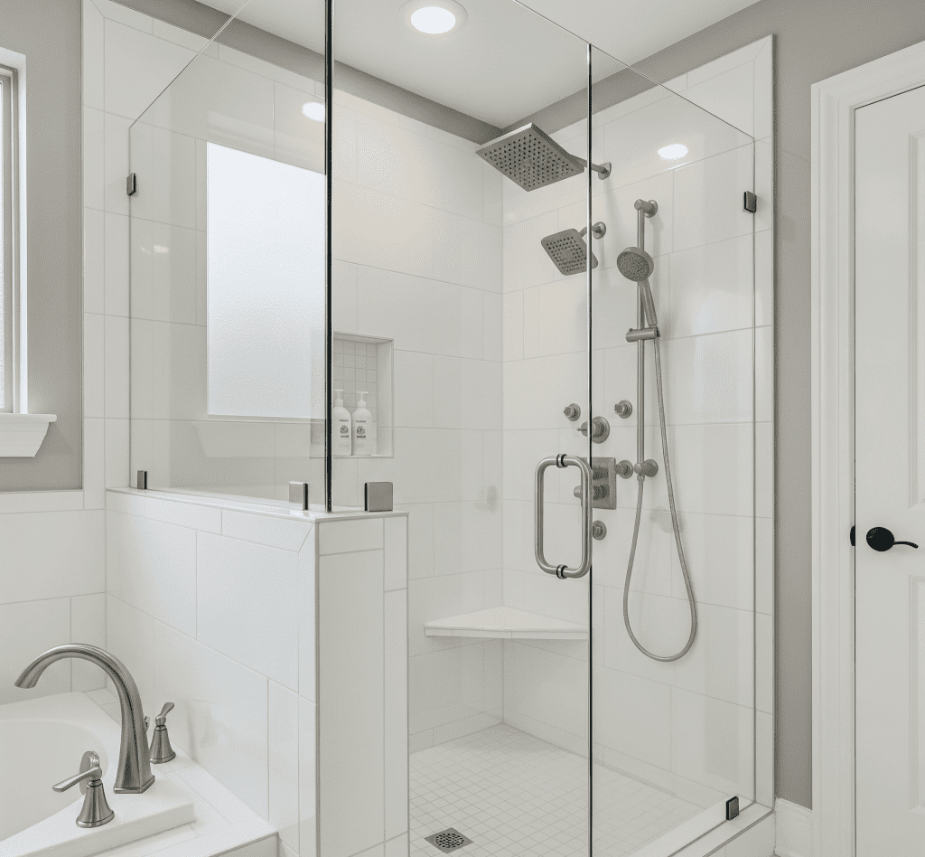 A newly replaced shower in a DFW, Texas bathroom, featuring white tiles, a glass enclosure, and modern fixtures by Affordable 1 Day Baths