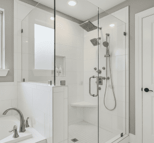 A newly replaced shower in a DFW, Texas bathroom, featuring white tiles, a glass enclosure, and modern fixtures by Affordable 1 Day Baths
