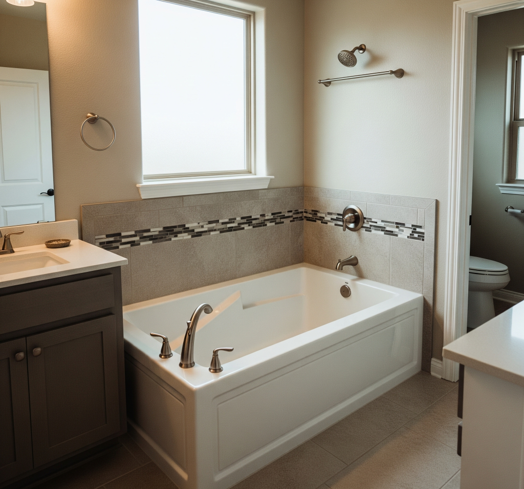 A modern Dallas-Fort Worth bathroom with a new white bathtub, gray tiles, and a dark vanity by Affordable 1 Day Baths