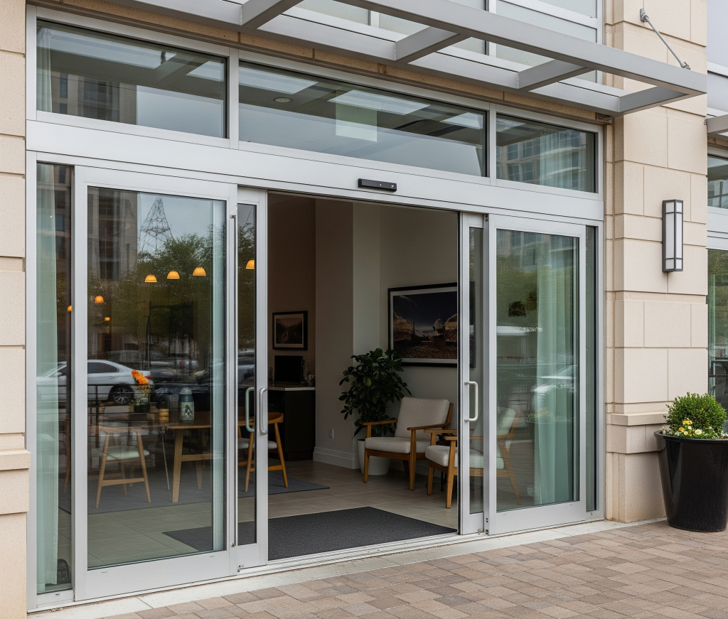 An inviting commercial entrance in DFW with open automatic glass sliding doors revealing a modern interior by Affordable 1 Day Baths