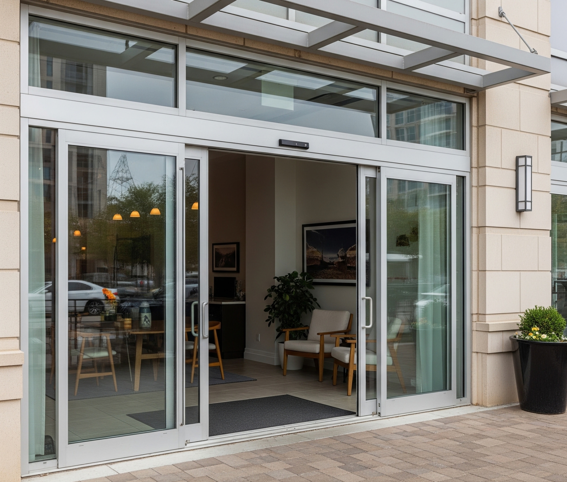 An inviting commercial entrance in DFW with open automatic glass sliding doors revealing a modern interior by Affordable 1 Day Baths