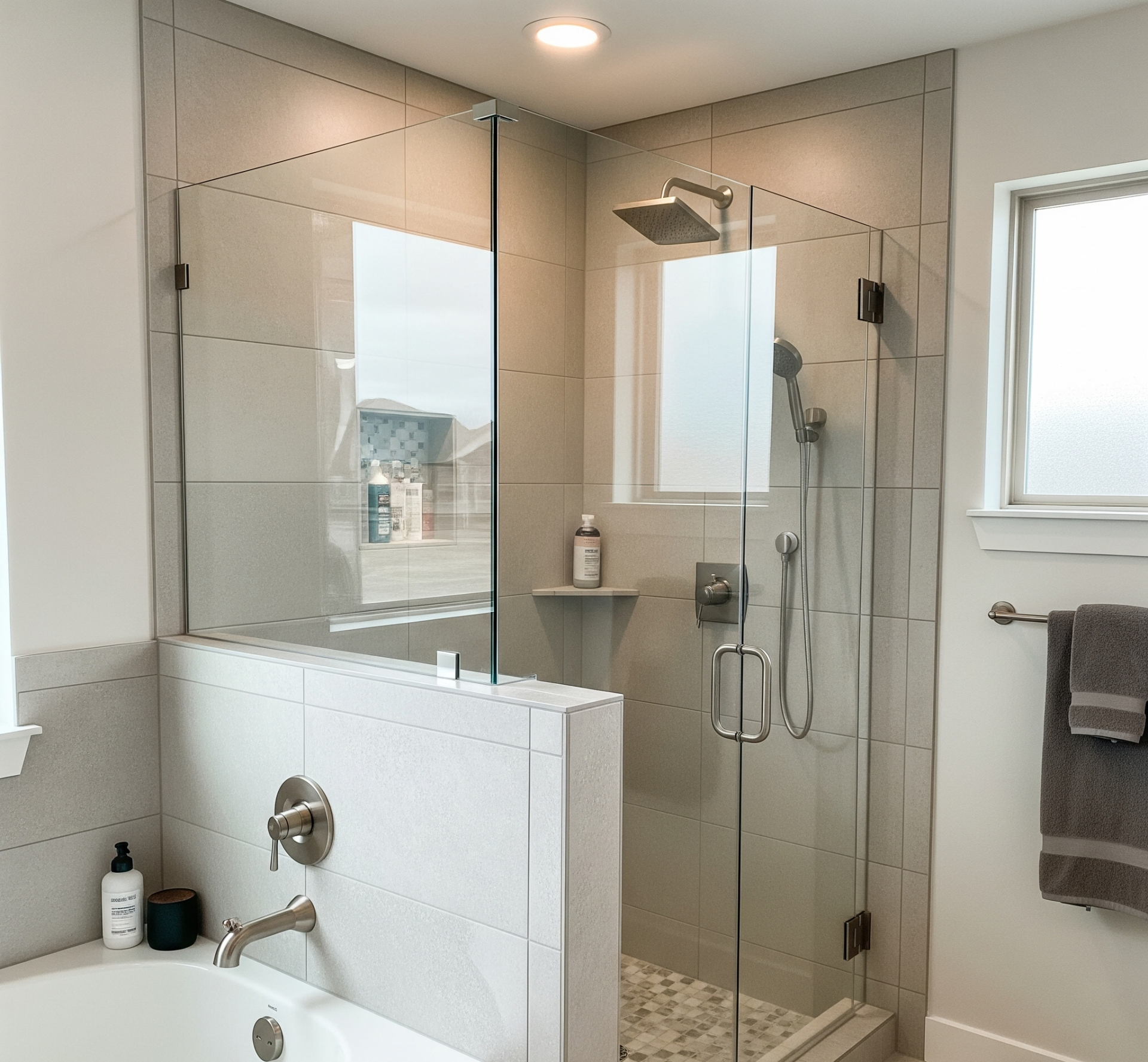 Tub-to-shower conversion completed by Affordable 1 Day Baths featuring a modern walk-in shower with frameless glass enclosure, large-format tile walls, and contemporary fixtures.