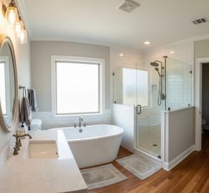 A beautifully remodeled bathroom in a Navarro County, Texas home, featuring a modern farmhouse aesthetic with a luxurious soaking tub, a walk-in shower, and a large vanity by Affordable 1 Day Baths