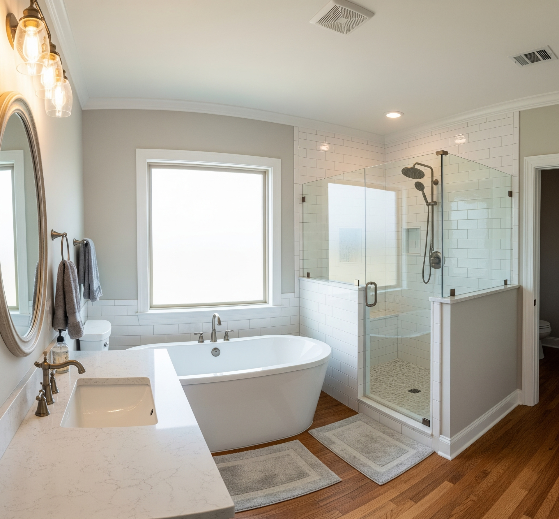 A beautifully remodeled bathroom in a Navarro County, Texas home, featuring a modern farmhouse aesthetic with a luxurious soaking tub, a walk-in shower, and a large vanity by Affordable 1 Day Baths