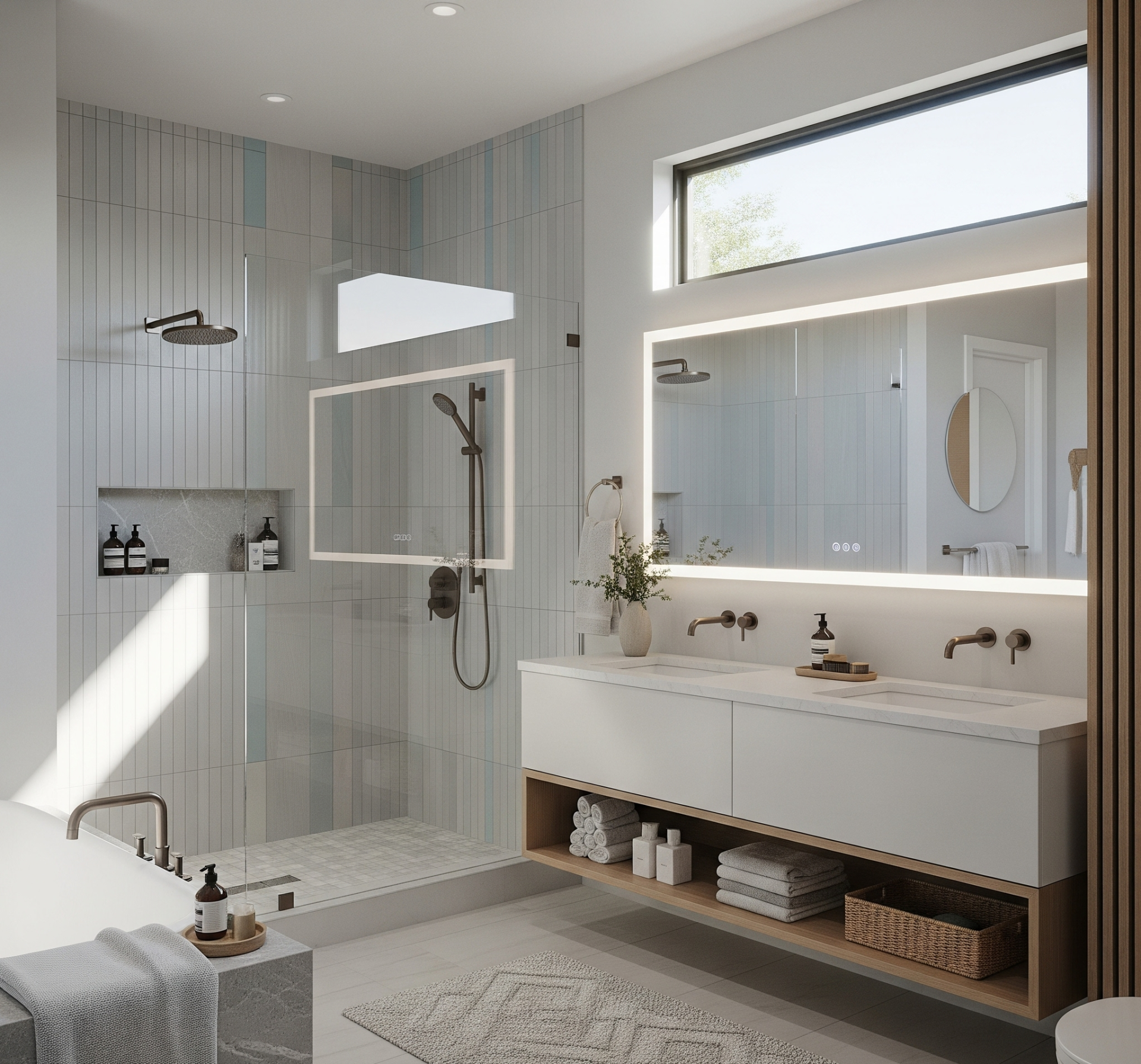A luxurious, modern Dallas-Fort Worth bathroom in 2025, featuring a spacious walk-in shower with sleek fixtures, a floating double vanity with a large illuminated mirror, and a clean, minimalist design with natural wood and stone accents by Affordable 1 Day Baths