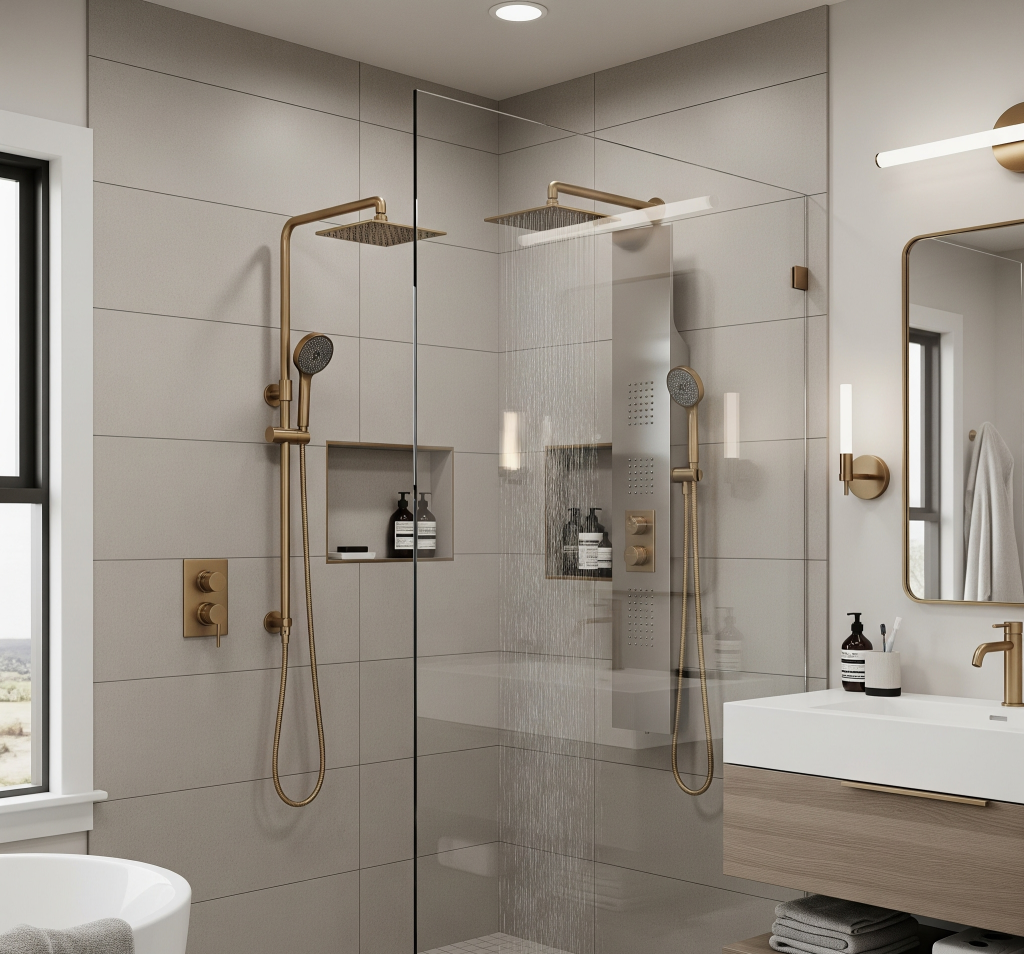 A Dallas-Fort Worth shower remodel in 2025 featuring a large walk-in shower with gold fixtures, including multiple showerheads, set against light gray tile, next to a modern vanity with a wood base by Affordable 1 Day Baths