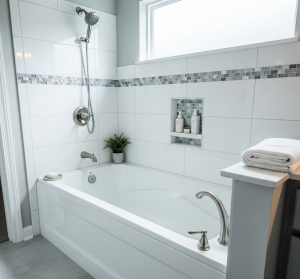 A clean, white shower-to-tub conversion with a tiled surround by Affordable 1 Day Baths