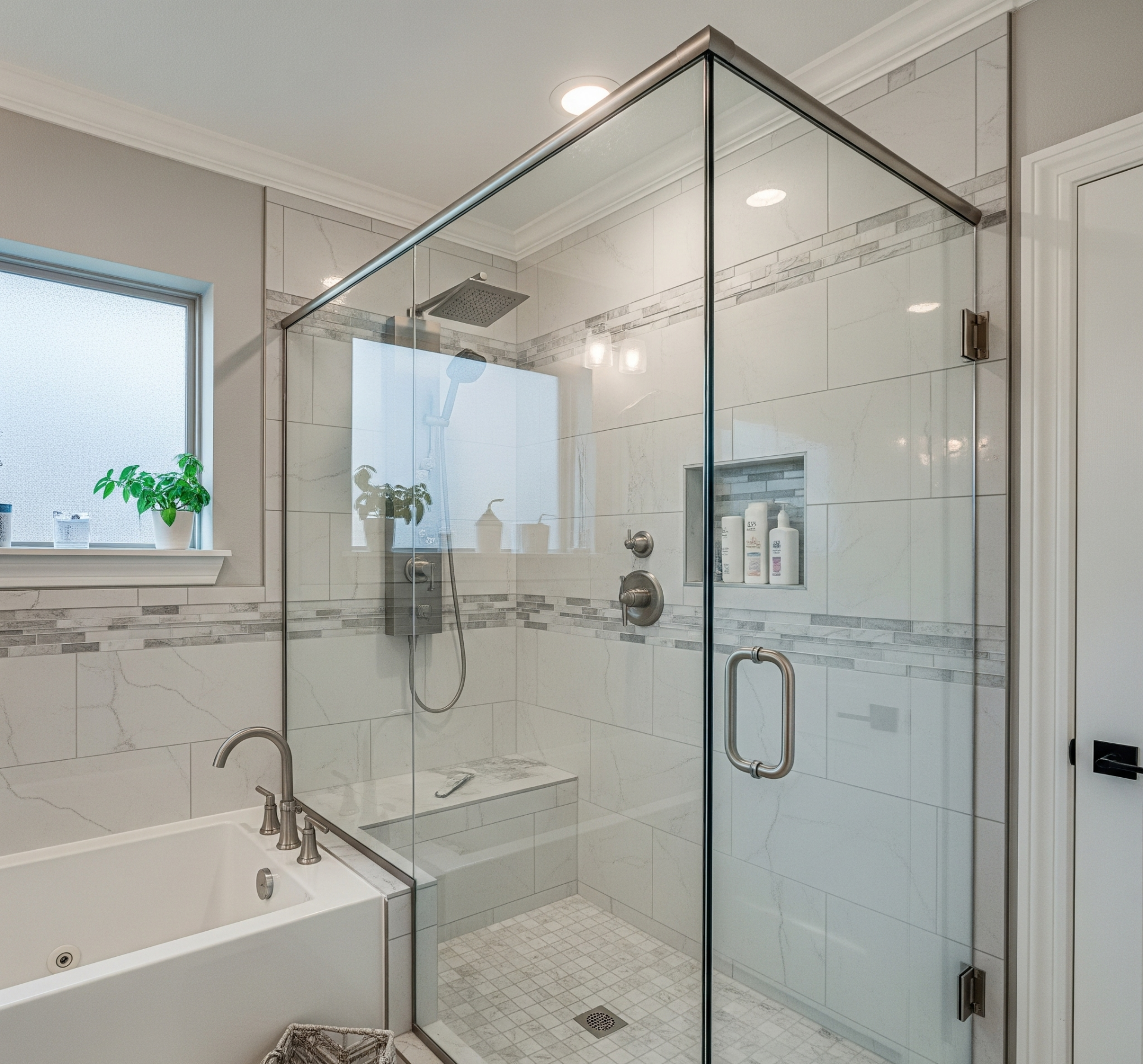 A spacious bathroom in 2025 featuring a modern tub-to-shower conversion with a large glass enclosure, white marble-look tiles, and a built-in shower bench by Affordable 1 Day Baths