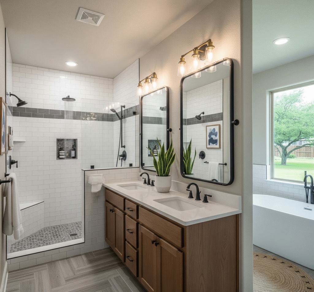 A modern bathroom remodel featuring a walk-in shower with subway tiles, a double vanity with a light countertop and dark wood cabinets, and a freestanding bathtub by a window in Denton, TX by Affordable 1 Day Baths