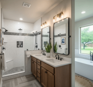 A modern bathroom remodel featuring a walk-in shower with subway tiles, a double vanity with a light countertop and dark wood cabinets, and a freestanding bathtub by a window in Denton, TX by Affordable 1 Day Baths