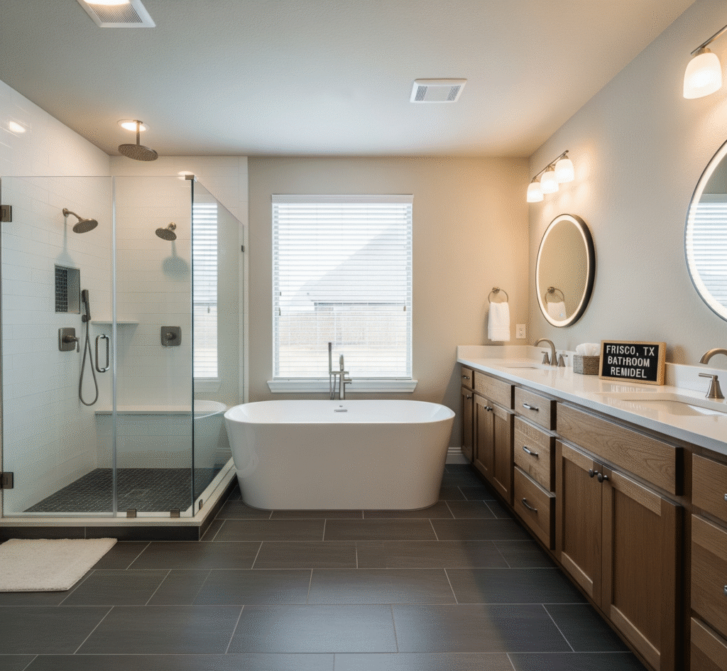 A modern bathroom remodel for a Frisco, TX home, featuring a freestanding tub, a large walk-in shower with a glass enclosure by Affordable 1 Day Baths.