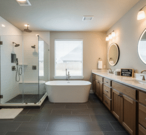 A modern bathroom remodel for a Frisco, TX home, featuring a freestanding tub, a large walk-in shower with a glass enclosure by Affordable 1 Day Baths.