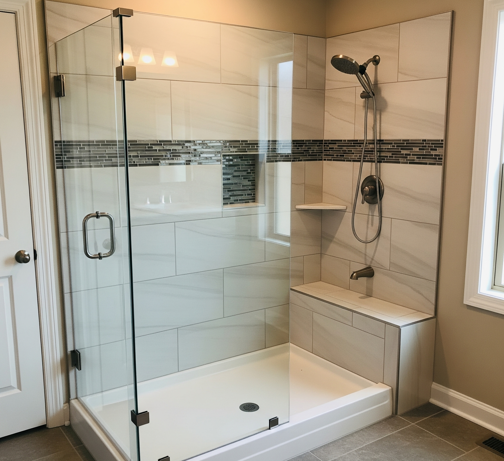 A newly converted tub-to-shower bathroom with light-colored tiles, a glass enclosure, and a built-in bench in Kaufman County, TX.

