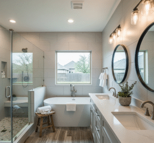 A newly remodeled bathroom in a Dallas-Fort Worth home with a modern design. It features a walk-in shower with a glass enclosure by Affordable 1 Day Baths.