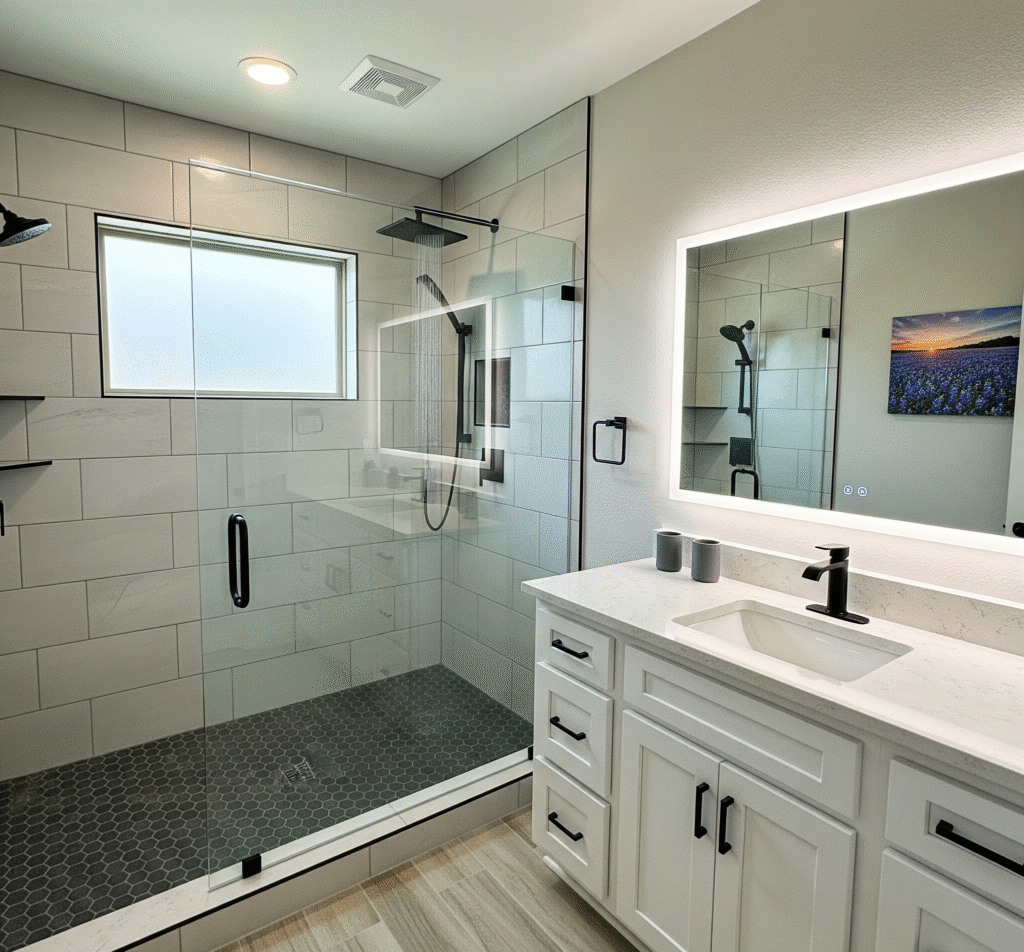 A modern bathroom remodel in a Kaufman County, Texas home, featuring a new walk-in shower with light gray subway tiles and a dark gray hexagon tile floor, a glass enclosure, a new white vanity with a quartz countertop, and a large mirror with built-in LED lighting by Affordable 1 Day Baths