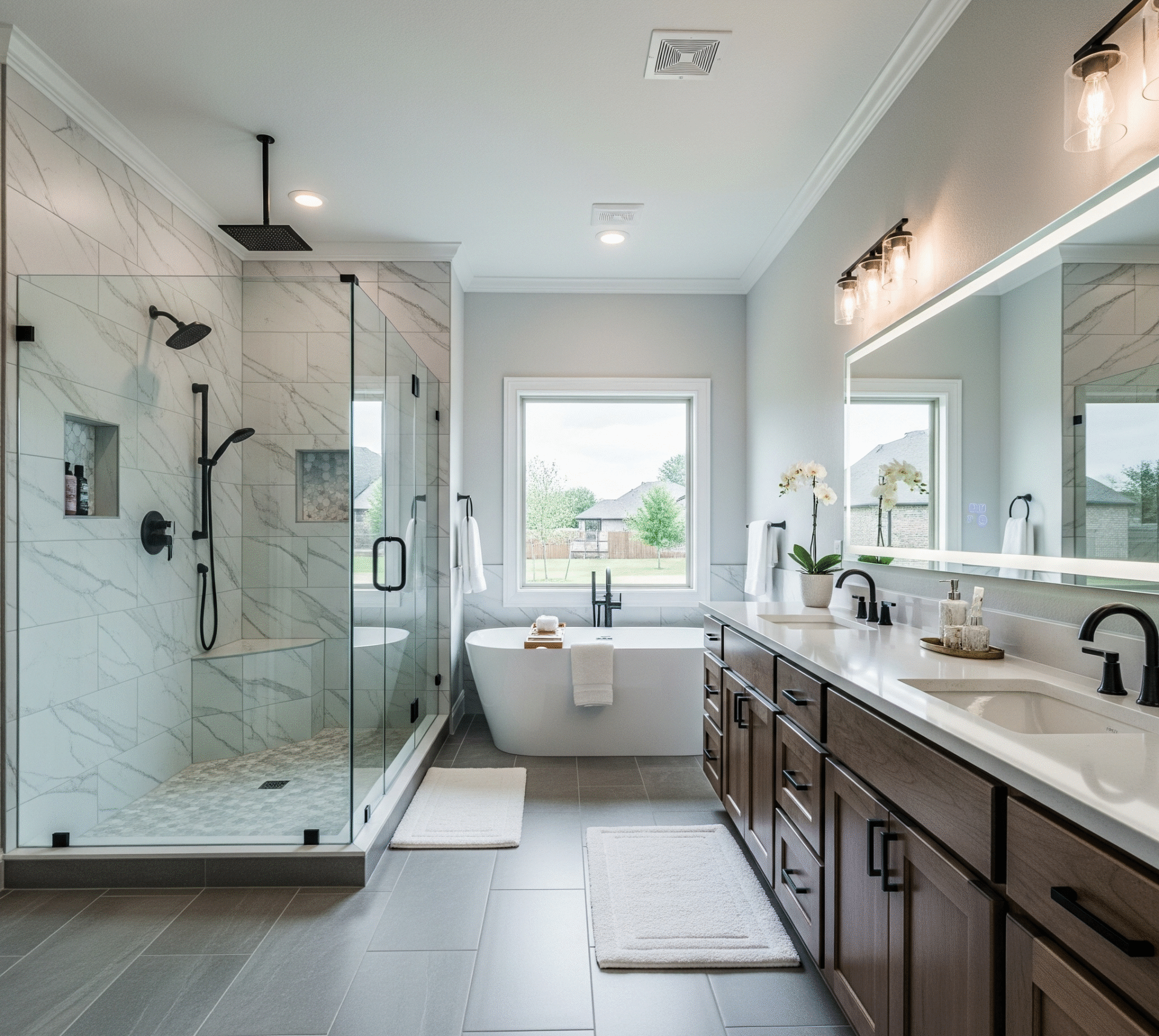 A modern and luxurious bathroom remodel in a Collin County home. It features a spacious walk-in shower with marble-patterned tile and a glass door, a freestanding soaking tub by Affordable 1 Day Baths