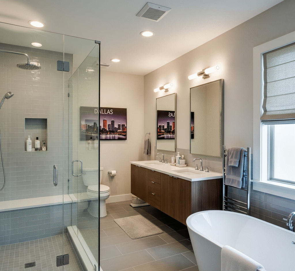 A modern bathroom with a full remodel, featuring a floating double vanity, a glass-enclosed shower, and a freestanding bathtub