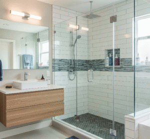 A contemporary bathroom in a Dallas home with a recent tub-to-shower conversion. The new walk-in shower has glass panels, white subway tiles, and a mosaic tile strip by Affordable 1 Day Baths.