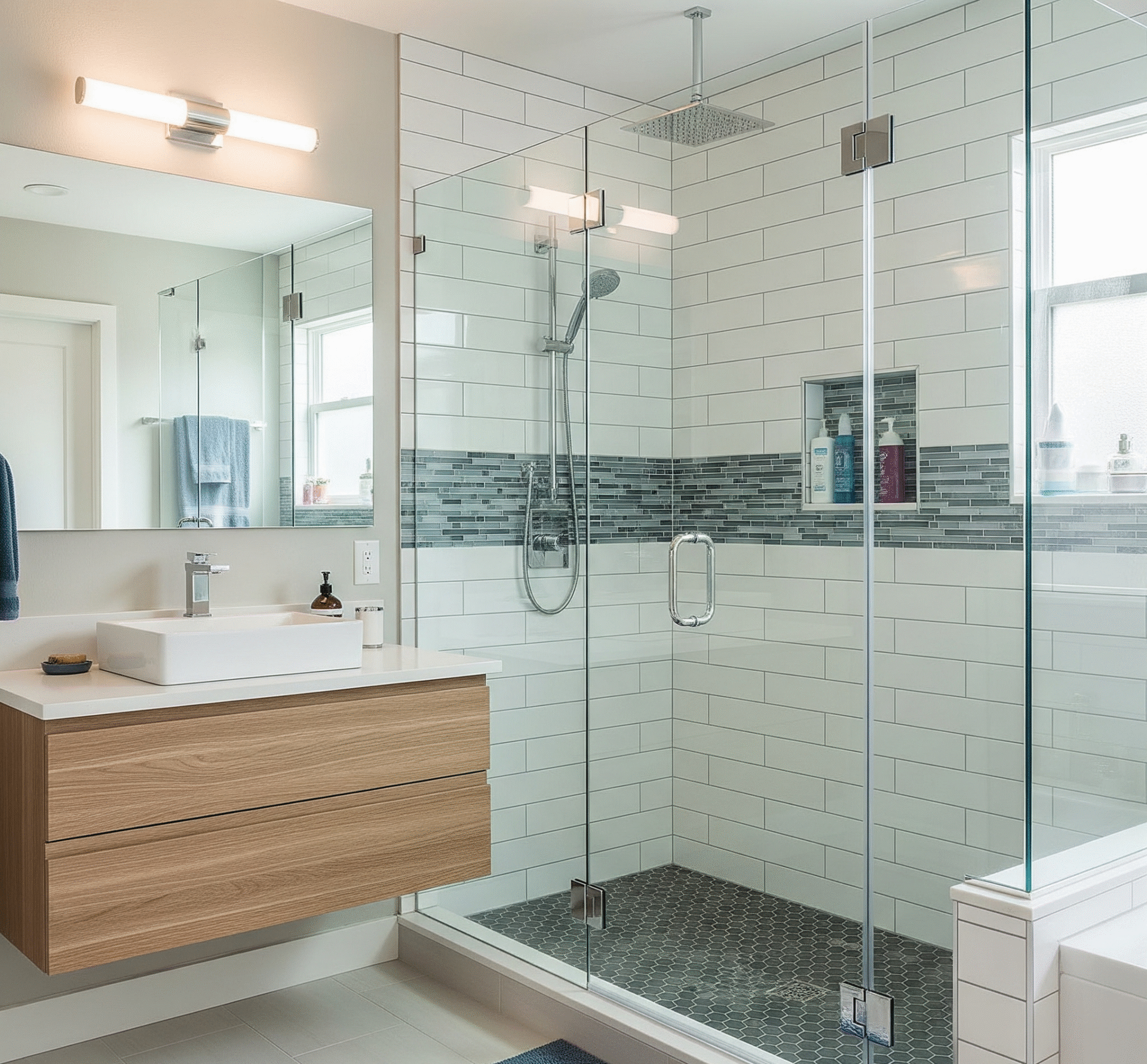 A bathroom in a Dallas home with a recent tub-to-shower conversion. The new walk-in shower has glass panels, white subway tiles, and a mosaic tile strip by Affordable 1 Day Baths.