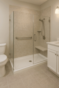 Modern walk-in shower with built-in bench, grab bars, slip-resistant flooring, and handheld showerhead for accessibility by Affordable 1 Day Baths