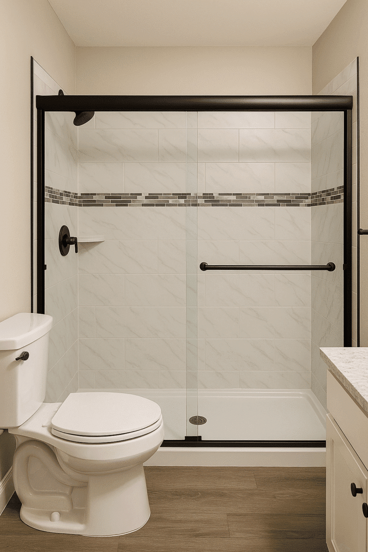 Renovated bathroom with a walk-in shower featuring glass doors, white tile walls with accent strip, and modern black fixtures by Affordable 1 Day Baths