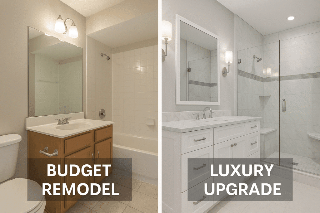 Side-by-side comparison of a budget bathroom remodel with basic finishes and a luxury upgrade with marble vanity and glass shower by Affordable 1 Day Baths Texas