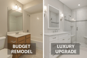Side-by-side comparison of a budget bathroom remodel with basic finishes and a luxury upgrade with marble vanity and glass shower by Affordable 1 Day Baths Texas