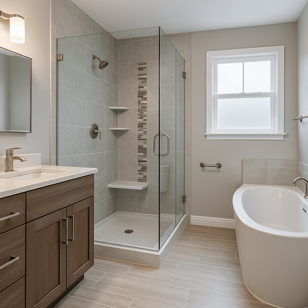 Modern bathroom remodel in Texas featuring a glass walk-in shower, freestanding tub, and wood vanity with elegant tile finishes by Affordable 1 Day Baths