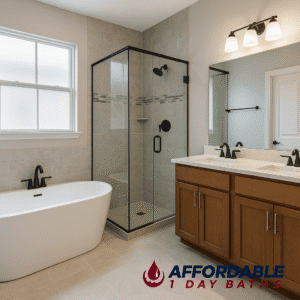 A modern bathroom remodel in Frisco, TX featuring a freestanding tub, glass shower enclosure and wood vanity by Affordable 1 Day Baths