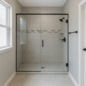 A modern walk-in shower conversion in a Texas home featuring gray tile walls, and a glass enclosure with black hardware by Affordable 1 Day Baths