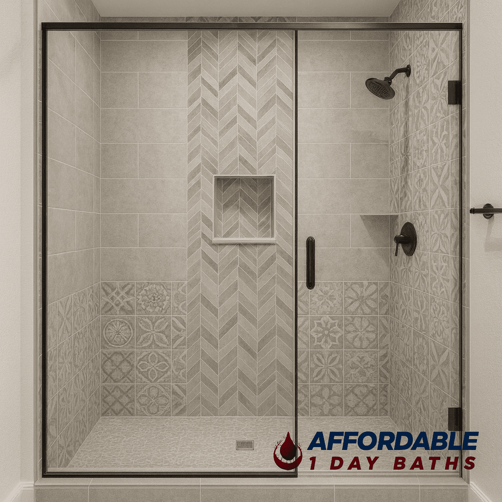 A modern walk-in shower remodel in a DFW home featuring mixed tile designs, including chevron and patterned tiles, black fixtures and glass encolure by Affordable 1 Day Baths