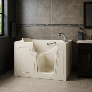Modern bathroom featuring a stylish walk-in tub with sleek off-white acrylic walls, chrome fixtures, gray marble tiles, and a dark wood vanity.