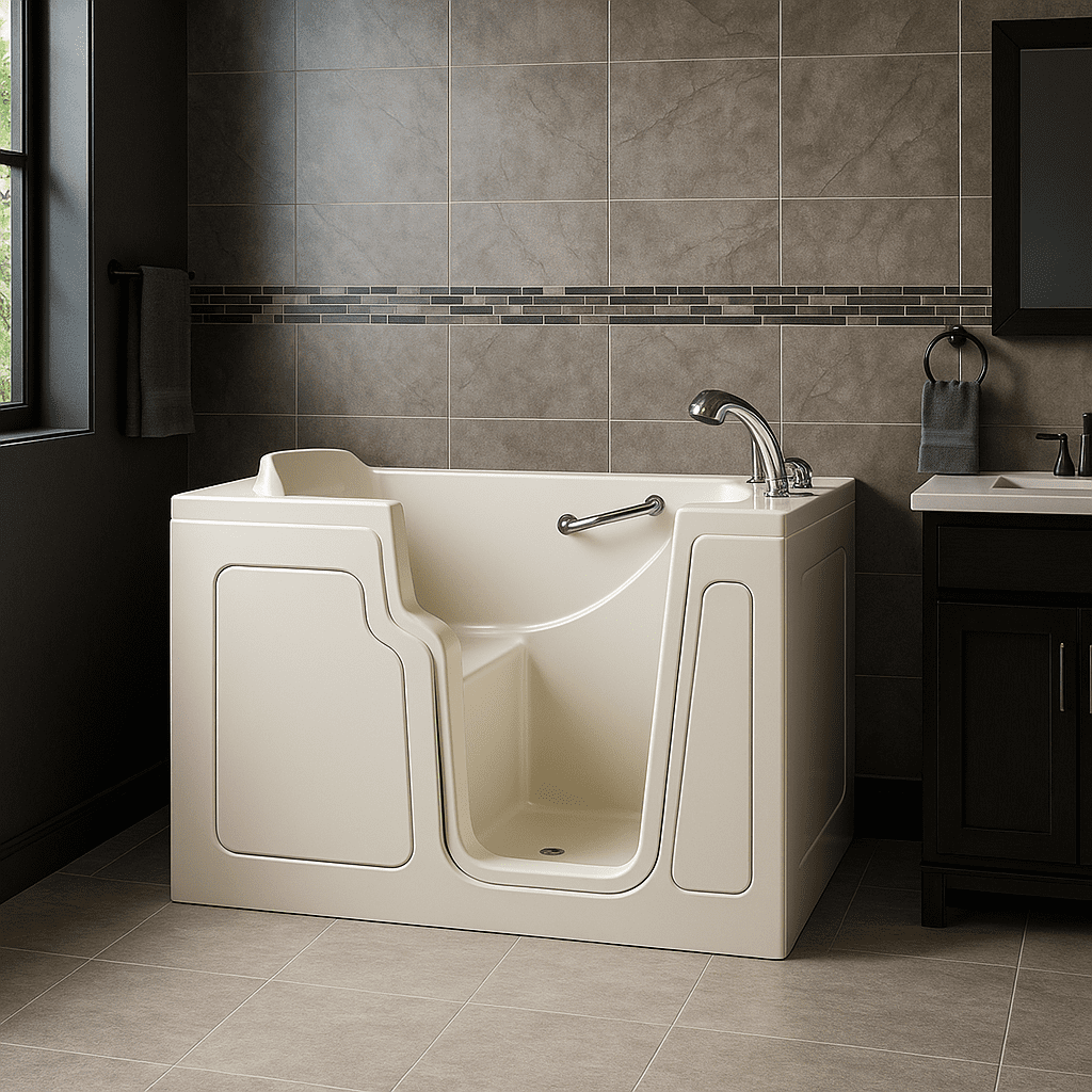 Modern bathroom featuring a stylish walk-in tub with sleek off-white acrylic walls, chrome fixtures, gray marble tiles, and a dark wood vanity.