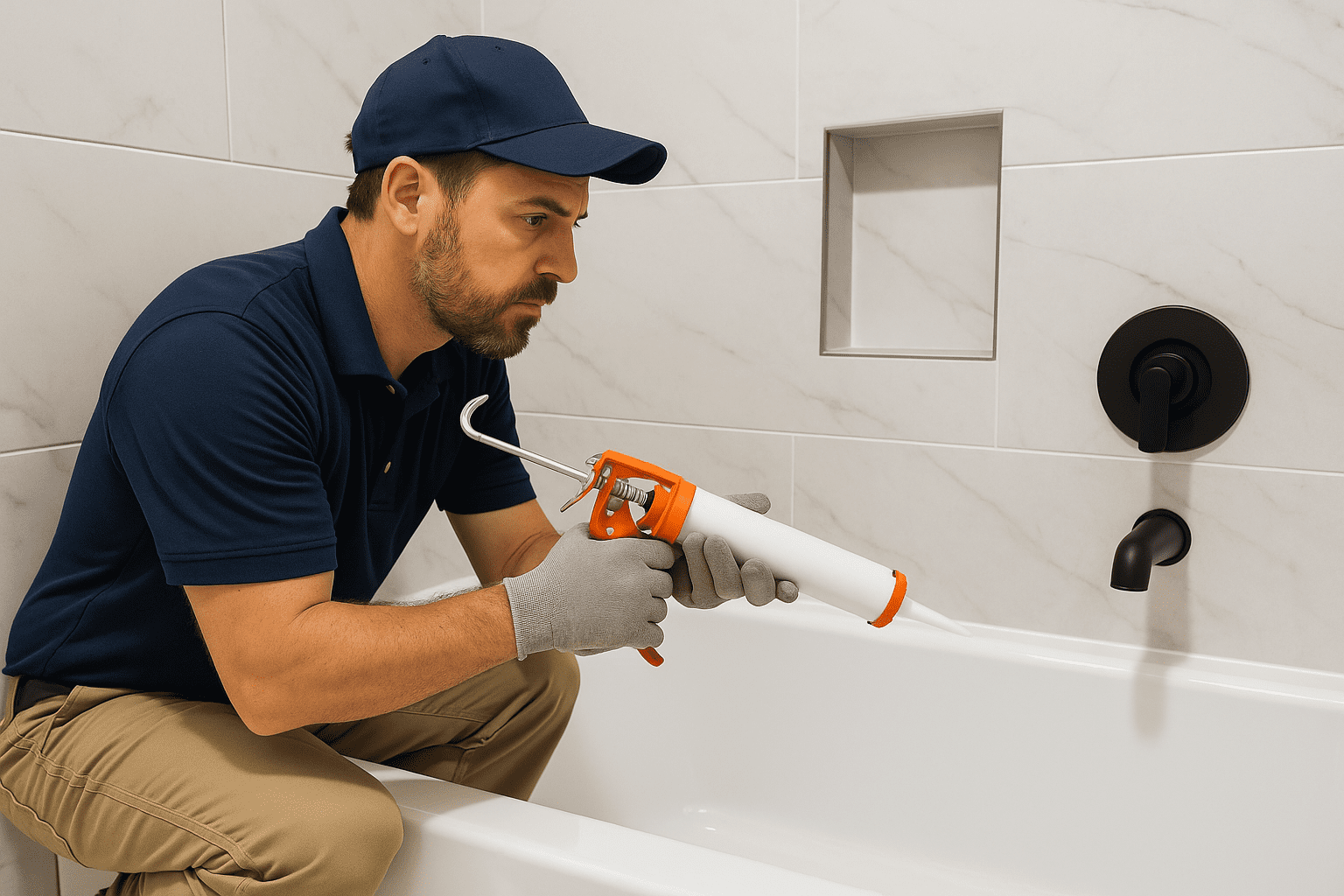 Bathroom installer applying waterproof sealant in a new Texas shower remodel by Affordable 1 Day Baths