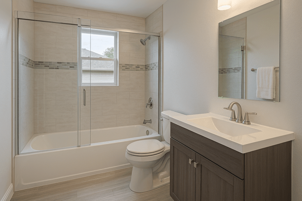Modern Texas bathroom with a glass-enclosed tub-shower and updated vanity by Affordable 1 Day Baths.