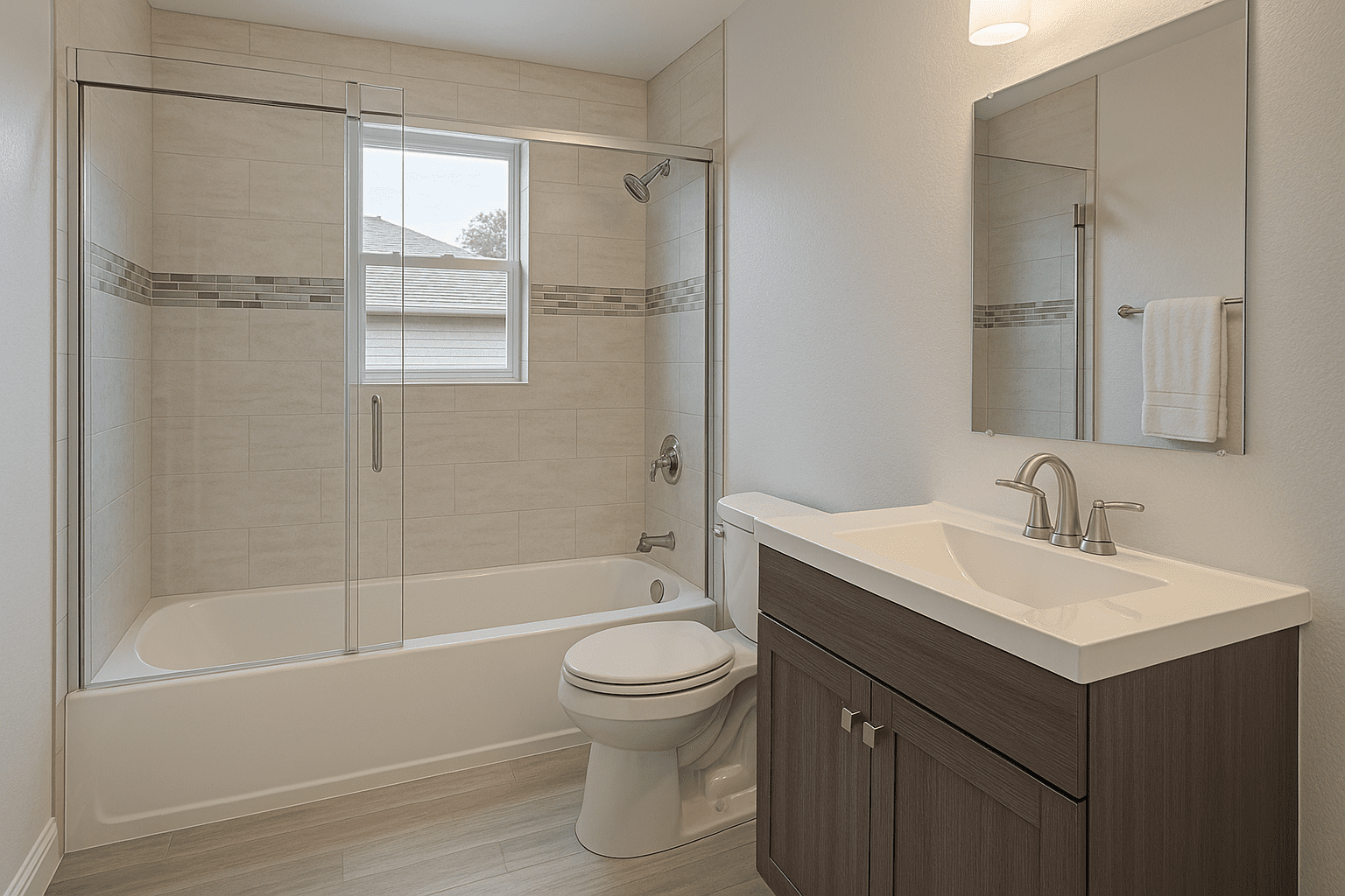 Modern Texas bathroom with a glass-enclosed tub-shower and updated vanity by Affordable 1 Day Baths.