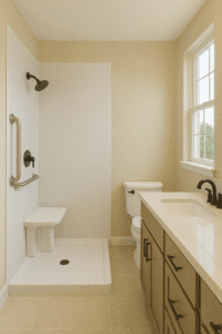 Modern Texas bathroom with acrylic wall panels, quartz countertop vanity, and composite cabinets in neutral tones by Affordable 1 Day Baths