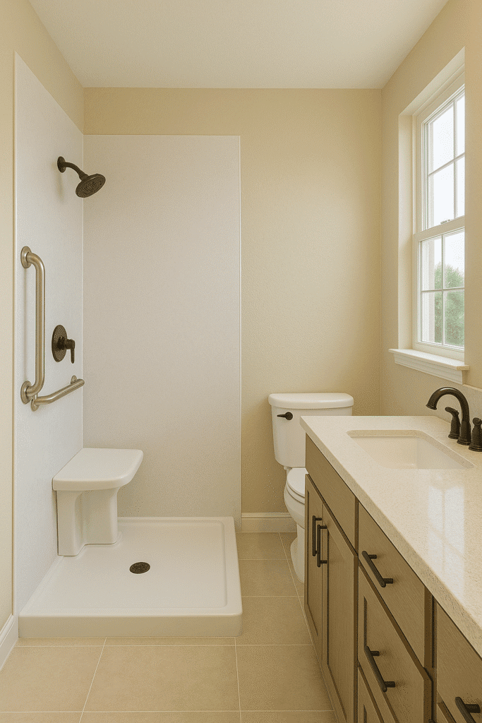 Modern Texas bathroom with acrylic wall panels, quartz countertop vanity, and composite cabinets in neutral tones by Affordable 1 Day Baths
