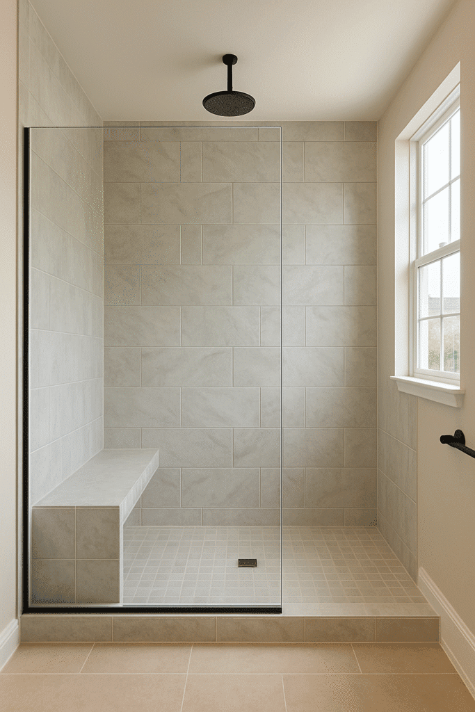 Spacious bathroom with rainfall showerhead, built-in bench, and tile-look acrylic walls in neutral tones by Affordable 1 Day Baths DFW, Texas