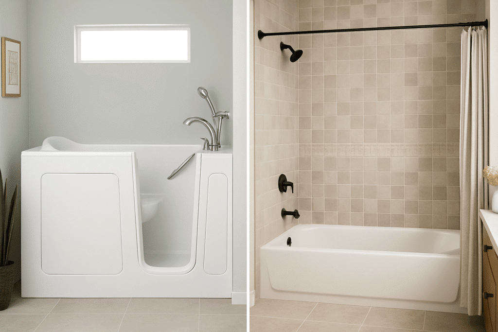 Side-by-side comparison of a white walk-in tub and a standard bathtub, showcasing modern bathroom designs with chrome and matte black fixtures in Texas by Affordable 1 Day Baths