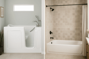 Side-by-side comparison of a white walk-in tub and a standard bathtub, showcasing modern bathroom designs with chrome and matte black fixtures in Texas by Affordable 1 Day Baths