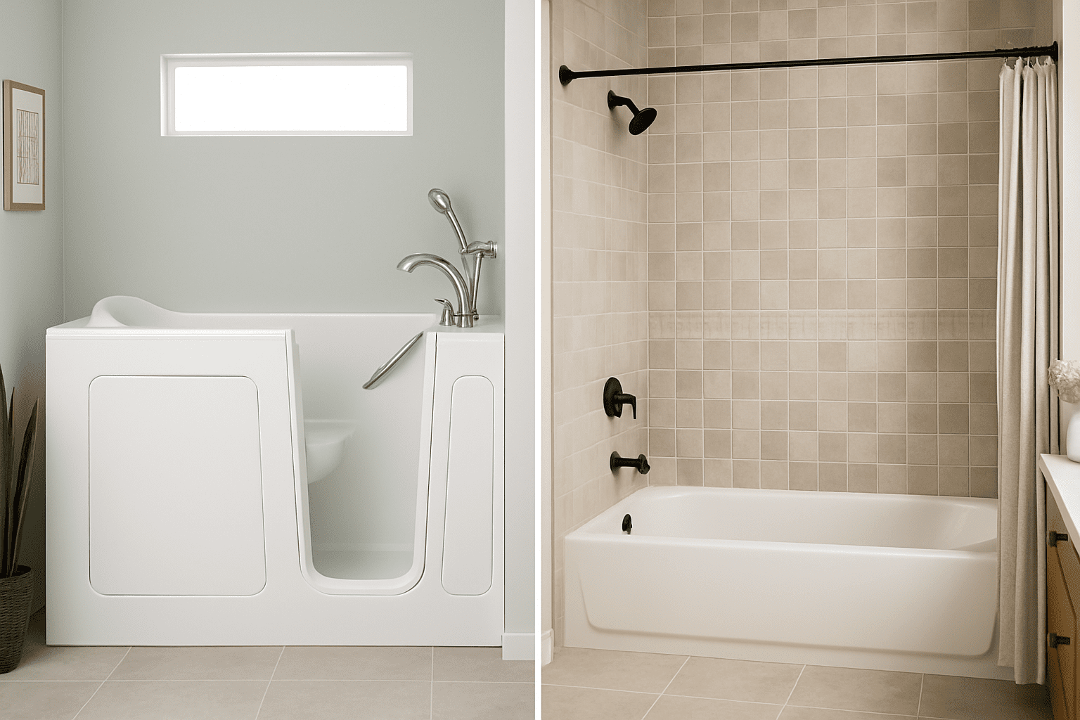 Side-by-side comparison of a white walk-in tub and a standard bathtub, showcasing modern bathroom designs with chrome and matte black fixtures in Texas by Affordable 1 Day Baths
