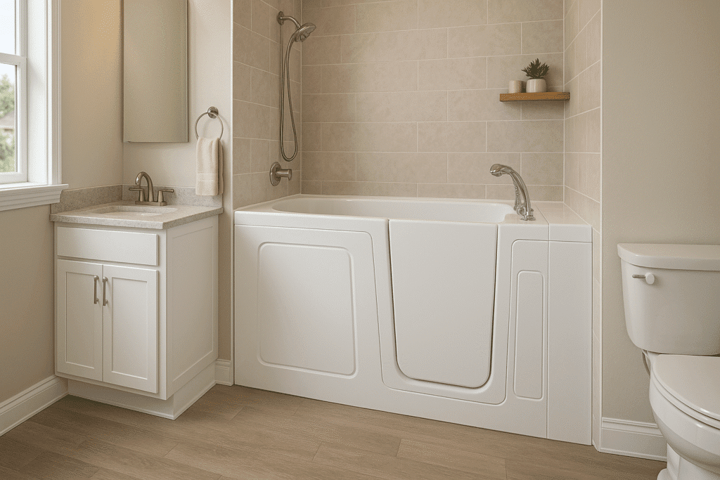 Bright Texas bathroom featuring a white walk-in tub with a swing-door entry, beige tile surround, and modern vanity.